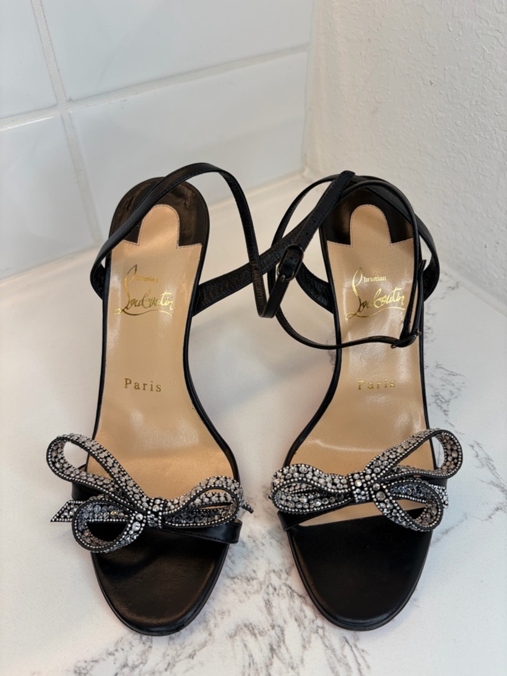Christian Louboutin Jewel Queen 100 Sandals Black Crystal Bow Size 37.5